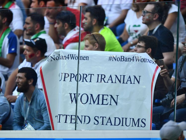 Soccer Football - World Cup - Group B - Morocco vs Iran - Saint Petersburg Stadium, Saint Petersburg, Russia - June 15, 2018 General view of a banner displayed referencing Iranian women during the match REUTERS/Dylan Martinez