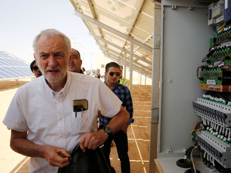 Britain&#39;s opposition leader Jeremy Corbyn visit a solar power plant during his visit to Al Zaatari refugee camp, in the Jordanian city of Mafraq, near the border with Syria, June 22, 2018. REUTERS/Muhammad Hamed