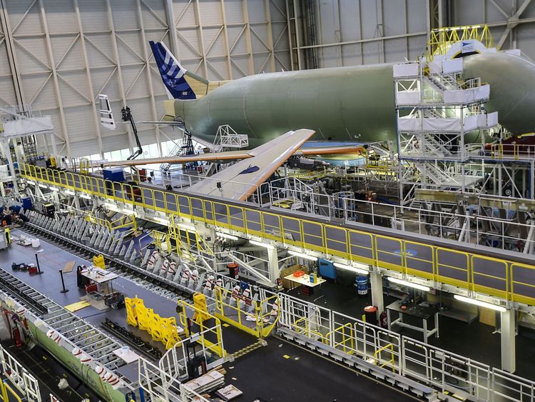 The assembly line of the Airbus Beluga XL large transport aircraft is pictured on March 20, 2018 in Blagnac, near Toulouse, southwestern France