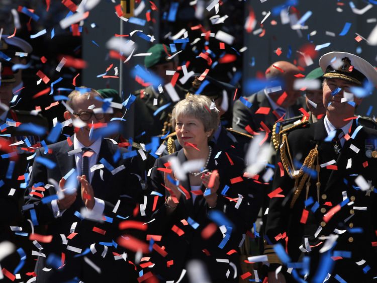 Prime Minister Theresa May during the celebrations for National Armed Forces Day in Llandudno, Wales. PRESS ASSOCIATION Photo. Picture date: Saturday June 30, 2018. See PA story DEFENCE Forces. Photo credit should read: Peter Byrne/PA Wire