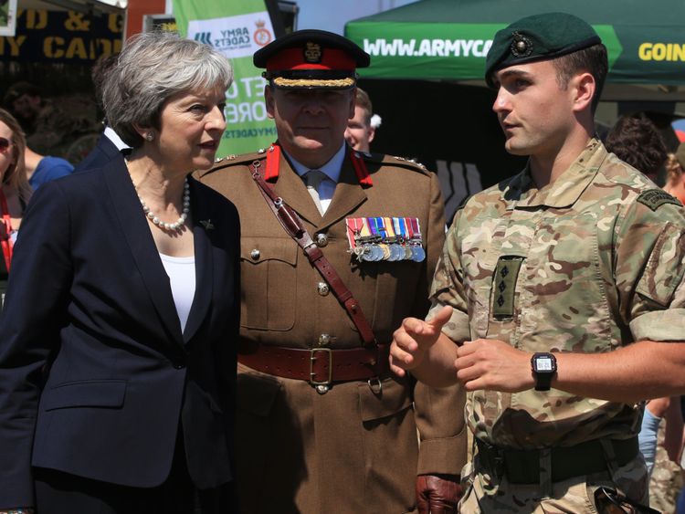 Theresa May during the celebrations for National Armed Forces Day in Llandudno, Wales.