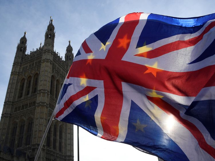 Anti-Brexit demonstrators wave EU and Union flags outside the Houses of Parliament