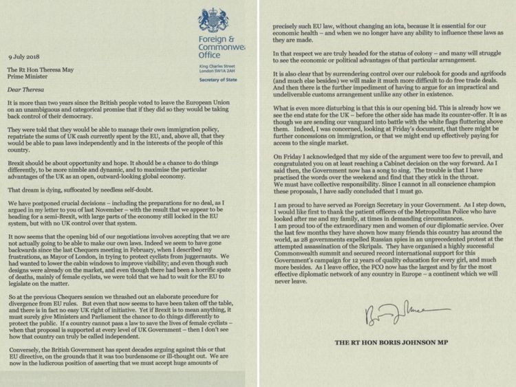 Boris Johnson wrote a two-page resignation letter to Theresa May 