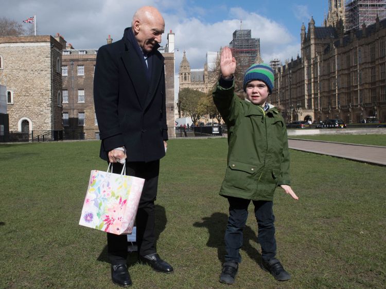 Six-year-old  with Sir Patrick Stewart in Westminster, London