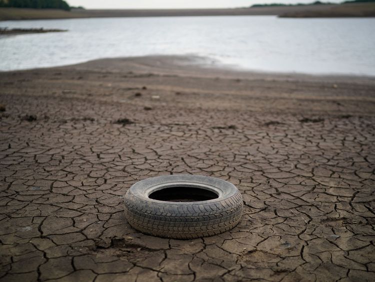 The dried up bed of Yarrow reservoir near Bolton as the heatwave continues across the UK on July 23, 2018 in Bolton, England