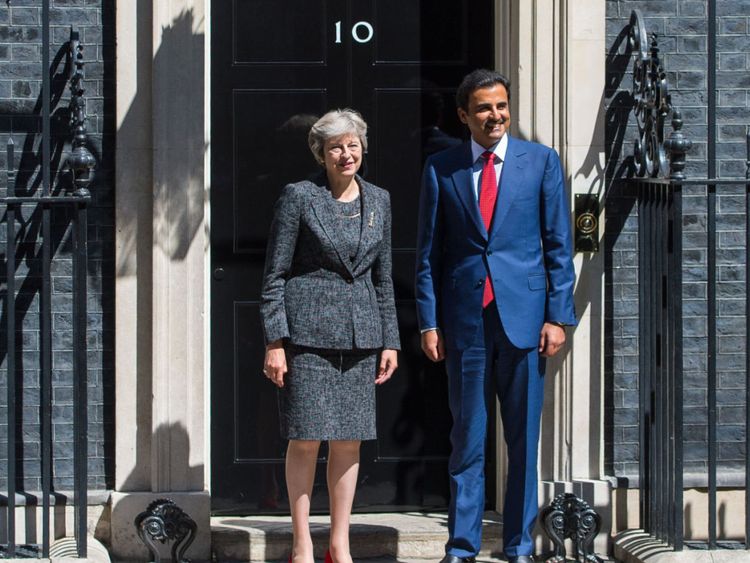 Prime Minister Theresa May greets Emir of Qatar, Tamim bin Hamad Al Thani as he arrives in Downing Street