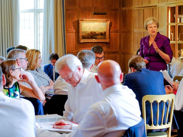 Theresa May speaking to the cabinet during crunch Brexit talks at Chequers. Pic: Crown Copyright