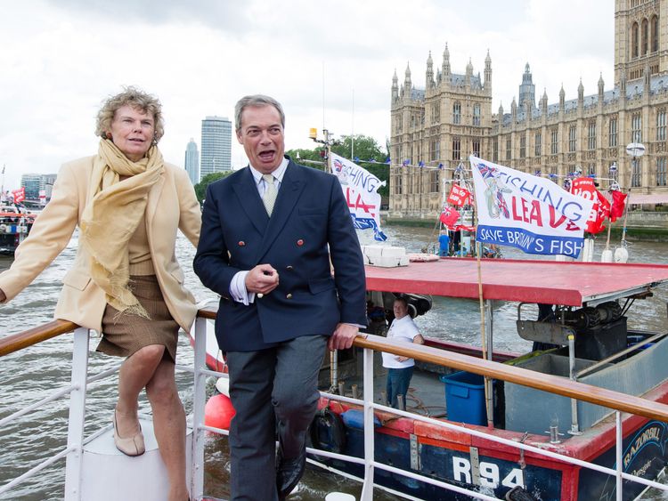 LONDON, ENGLAND - JUNE 15: (L-R) Kate Hoey and Nigel Farage, leader of the UK Independence Party, show their support for the &#39;Leave&#39; campaign for the upcoming EU Referendum aboard a boat on the River Thames on June 15, 2016 in London, England. Nigel Farage, leader of UKIP, is campaigning for the United Kingdom to leave the European Union in a referendum being held on June 23, 2016. (Photo by Jeff Spicer/Getty Images)
