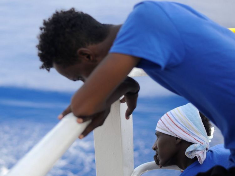 Migrants picked up the Doctors Without Borders Sea boat the Aquarius. 141 were rescued and are now being refused permission to dock in Italy and Malta. Pic: Guglielmo Mangiapane/ SOS Mediterranee 