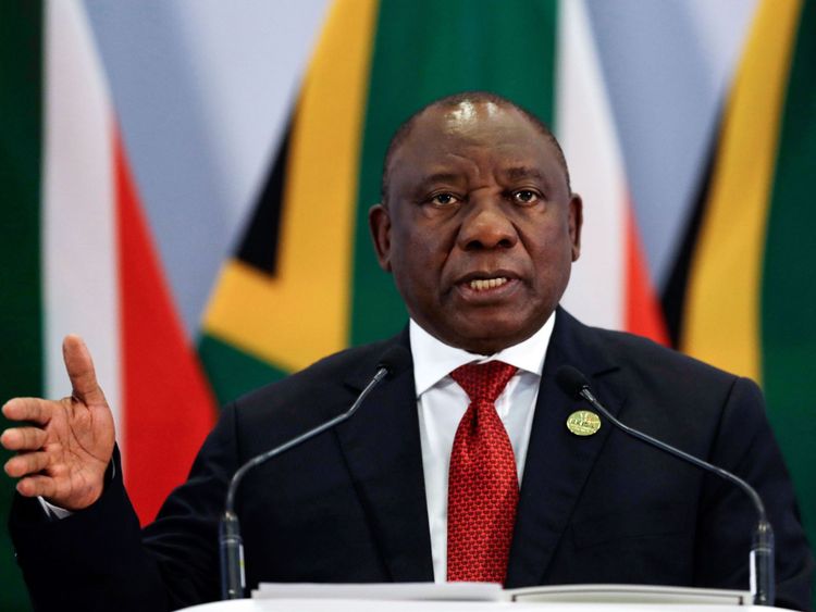 South African President Cyril Ramaphosa addresses a media conference at the end of the BRICS Summit in Johannesburg on July 27, 2018, as the heads of the BRICS group -- Brazil, Russia, India, China and South Africa -- met in Johannesburg for an annual summit dominated by the risk of a US-led trade war. - Five of the biggest emerging economies on July 26, stood by the multilateral system and vowed to strengthen economic cooperation in the face of US tariff threats and unilateralism. (Photo by The