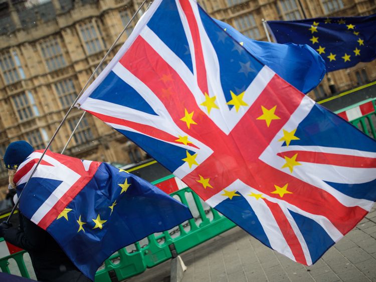 Anti-Brexit demonstrators protest with flags outside the Houses of Common on February 26, 2018 in London, England