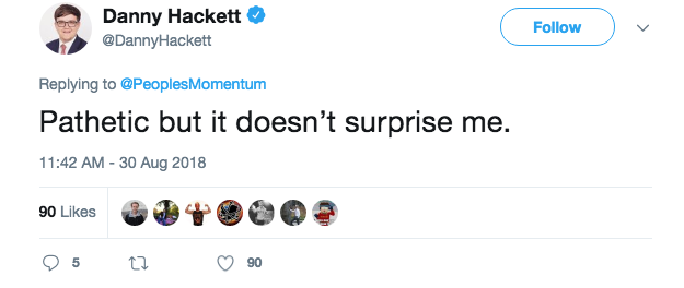 Labour Councillor for Thamesmead East Danny Hackett said Momentum's tweet was pathetic
