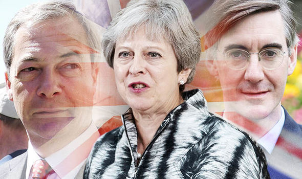 Nigel Farage, Theresa May and Jacob Rees-mogg