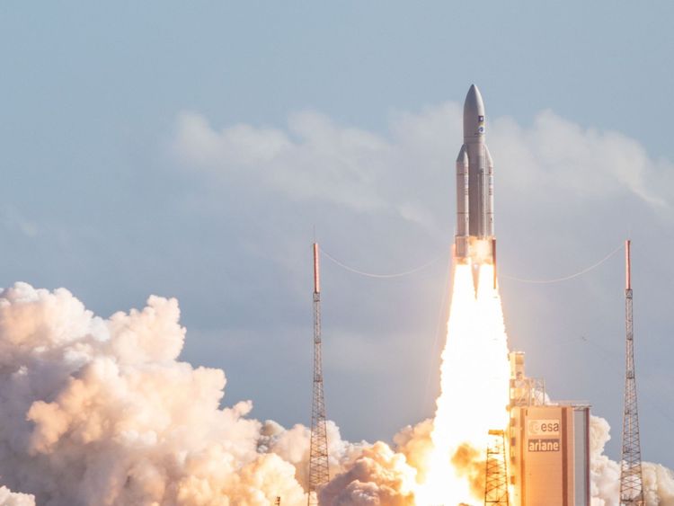 TOPSHOT - The Ariane 5 rocket, with four Galileo satellites onboard, takes off from the launchpad in the European Space Centre (Europe spaceport) on July 25, 2018 in Kourou, French Guiana. (Photo by - / AFP) (Photo credit should read -/AFP/Getty Images)
