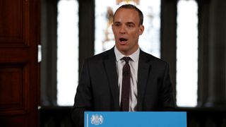 Brexit secretary Dominic Raab gestures during his speech outlining the government&#39;s plans for a no-deal Brexit