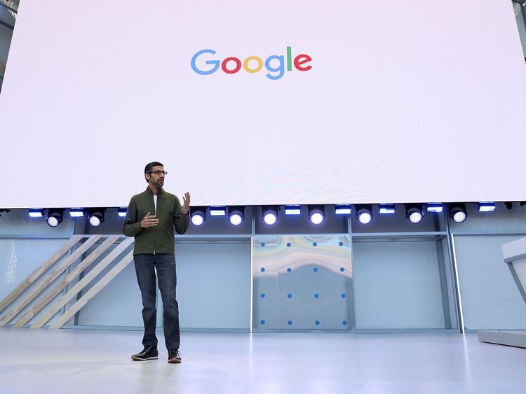 Google CEO Sundar Pichai delivers the keynote address at the Google I/O 2018 Conference at Shoreline Amphitheater  on May 8, 2018 in Mountain View, California.