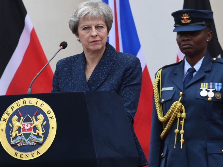 Prime Minister Theresa May during a press conference at the State House in Nairobi, Kenya 