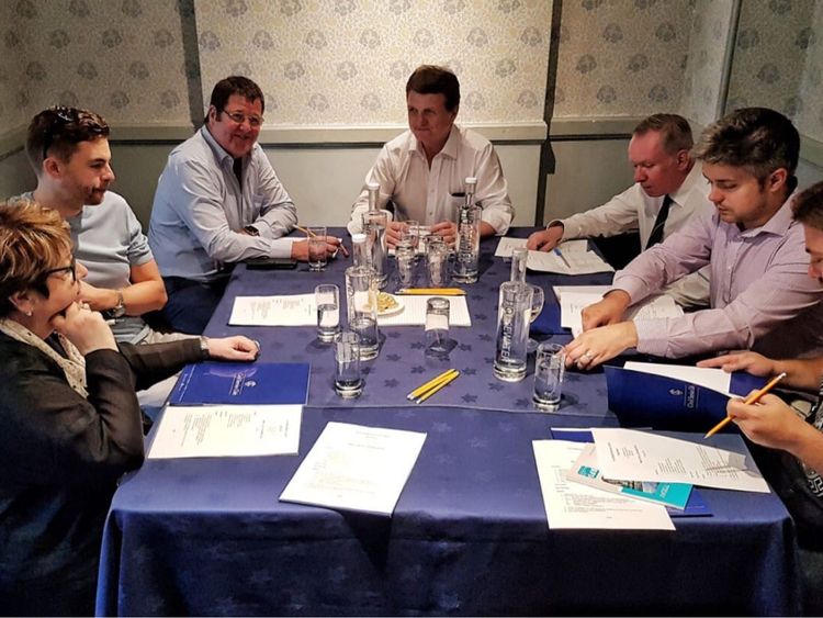 Leader Gerard Batten (centre, top) during the UKIP strategy meeting where they discussed a revamped manifesto. Pic: @UKIP