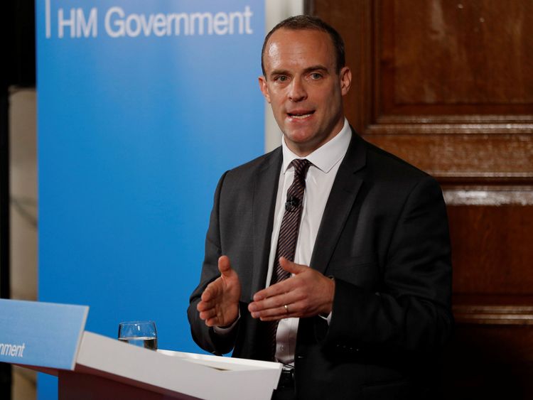 Brexit Secretary Dominic Raab gestures during his speech outlining the government&#39;s plans for a no-deal Brexit in London, Britain. Aug 23, 2018. REUTERS/Peter Nicholls