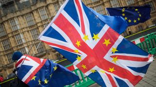 Anti-Brexit demonstrators protest with flags outside the Houses of Common on February 26, 2018 in London, England