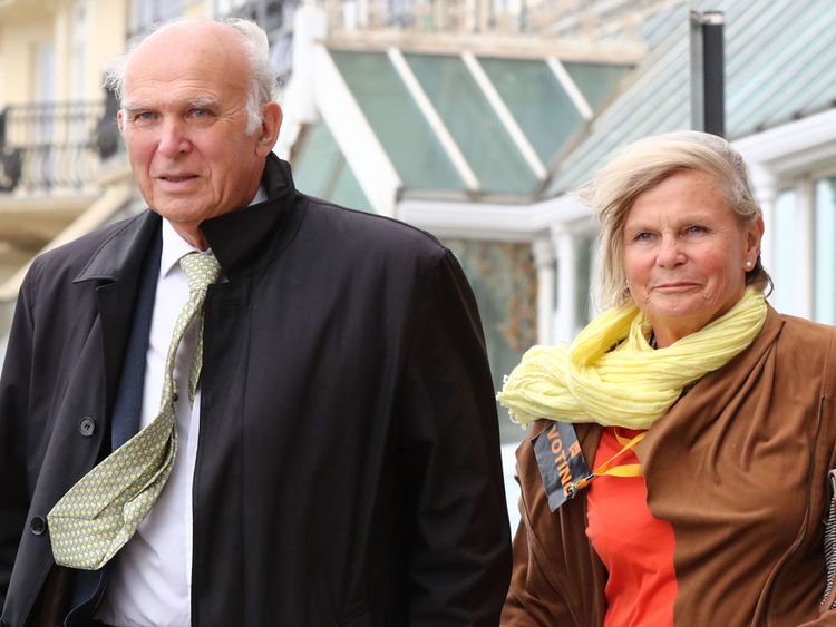 Liberal Democrats Leader Sir Vince Cable, accompanied by his wife Rachel arrives to speak at the Liberal Democrats Autumn Conference in Brighton