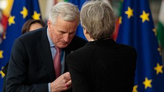 Michael Barnier greeting Theresa May at the European Council leaders&#39; summit in March 23