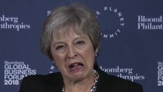 Theresa May pulled a face after stumbling during her speech. Pic: Bloomberg 