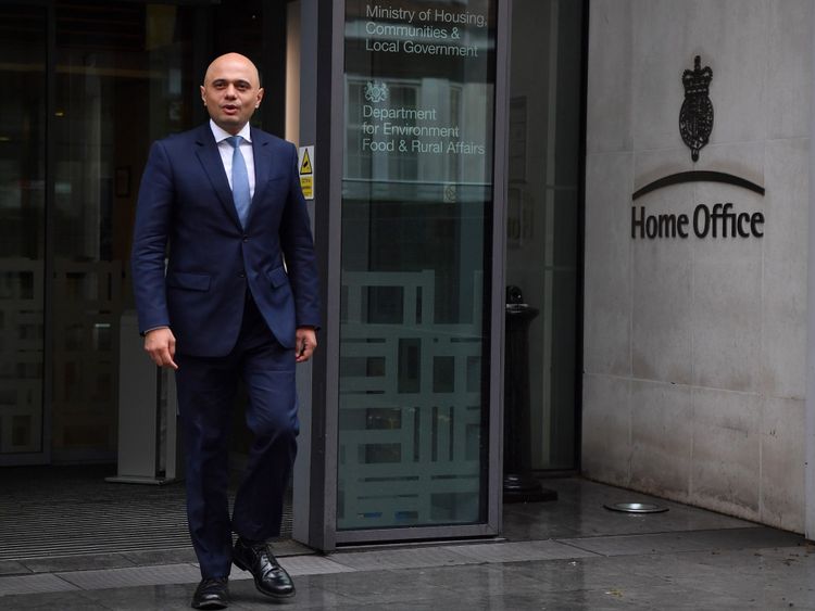 Britain&#39;s newly appointed Home Secretary Sajid Javid exits the Home Office to pose for a photograph in central London on April 30, 2018. - Sajid Javid was named Monday as Britain&#39;s new interior minister after Amber Rudd resigned as home secretary, having &#39;inadvertently misled&#39; lawmakers about deportation targets for illegal immigrants. Prime Minister Theresa May&#39;s Downing Street office announced the appointment in a statement. Javid was previously Britain&#39;s communities minister. (Photo by Ben ST