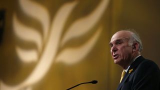 Britain&#39;s Business Secretary Vince Cable talks during his keynote speech on the second day of Liberal Democrat 