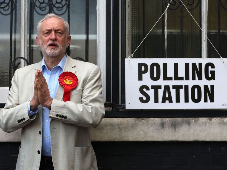 Labour leader Jeremy Corbyn poses at a polling station after casting his vote in local elections in London