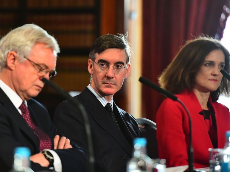 (Left to right) David Davis MP, Jacob Rees-Mogg MP and Theresa Villiers MP